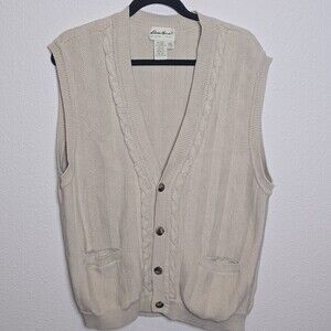 Vintage Eddie Bauer Sweater Vest Men’s Large Beige Cotton Button Front 90s